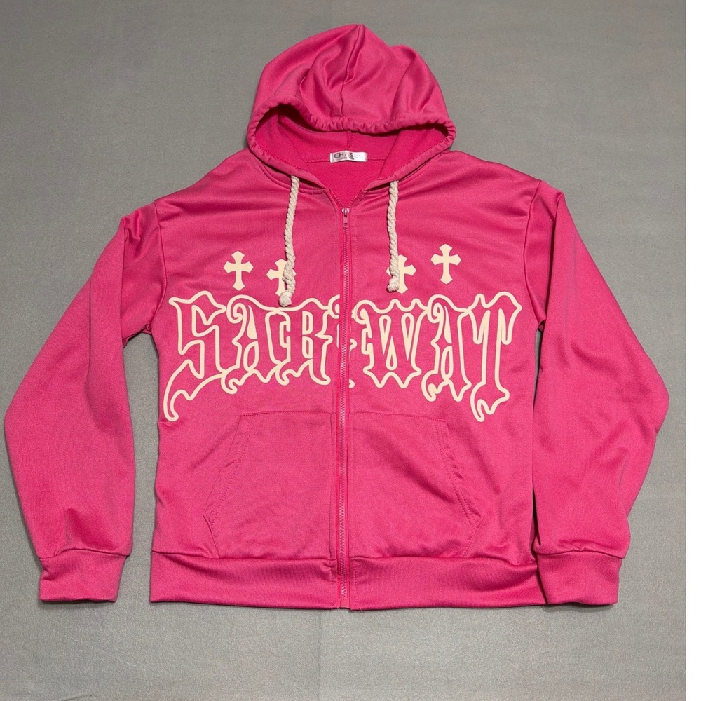 Chase New Design Pink Stay Way Graphic Zip Up Hoodie Streetwear Crosses Womens